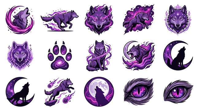 Purple mystical wolf and predator icon collection.