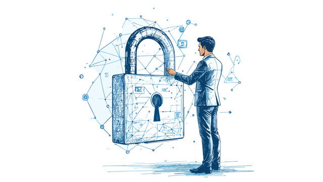Man ensuring digital data protection with network padlock