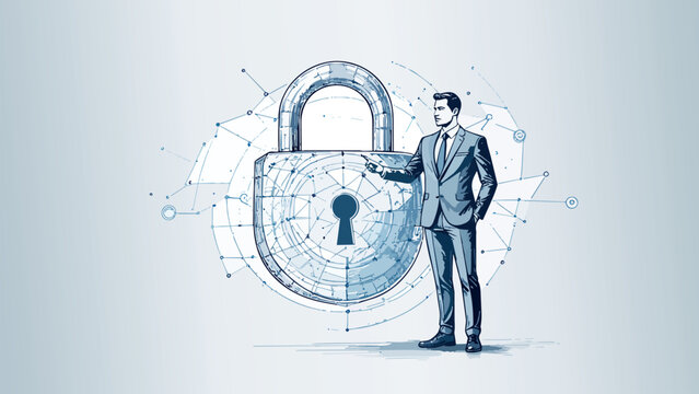 Businessman illustrating cybersecurity and data protection concept