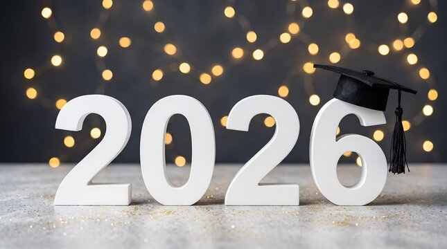 Large white 2026 number figures with graduation cap on blurred bokeh background graduation mortarboard