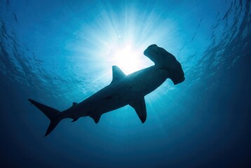 Obraz premium Silhouette of a great hammerhead shark swimming towards the sunlit surface of the deep blue ocean.