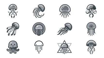Simple jellyfish and sea creature line art icons.