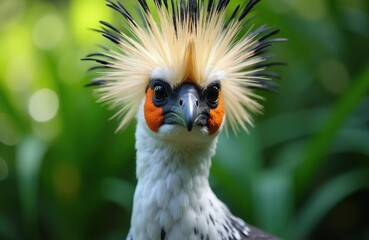 Fototapeta premium Close up portrait of secretary bird with unique yellow crest feathers, orange patches around eyes. Tropical predator raptor looks straight into camera lens. Wild avian creature in natural green