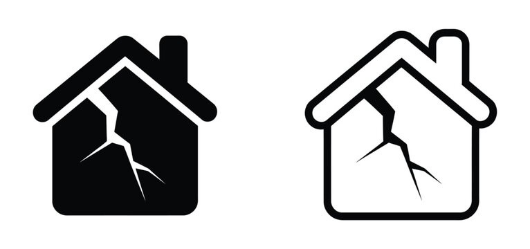 Broken house icon set, cracked home symbols representing divorce, property dispute, family separation, housing conflict, legal issues and real estate concepts.