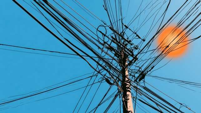 A utility pole is tangled with wires against a bright, sunny sky
