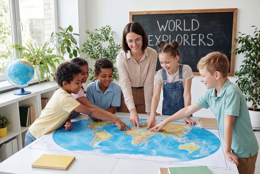 Diverse group of elementary school students and teacher exploring a large world map in a bright classroom.