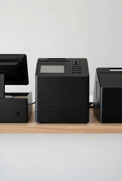 Modern black point of sale system with cash register and receipt printer on a wooden counter, the electronic devices feature a minimalist design, suitable for retail and business environments