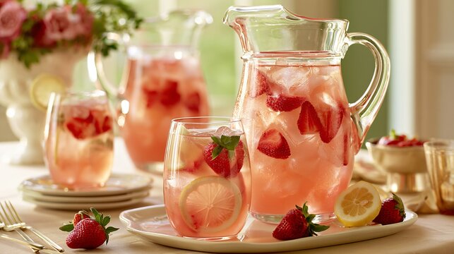 A party beverage station featuring multiple pitchers of strawberry lemonade arranged elegantly on a celebration table