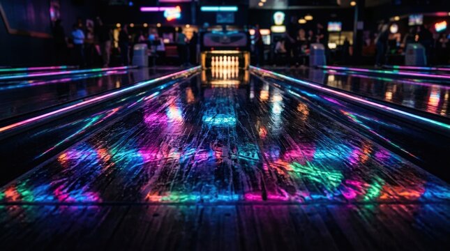 Colorful Bowling Alley Lane Glowing With Vibrant Neon Lights