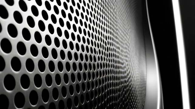 Close-up of a textured metallic grid with curved lines, light glow