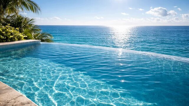 Tranquil infinity pool overlooking ocean with sparkling waves and sunlit horizon