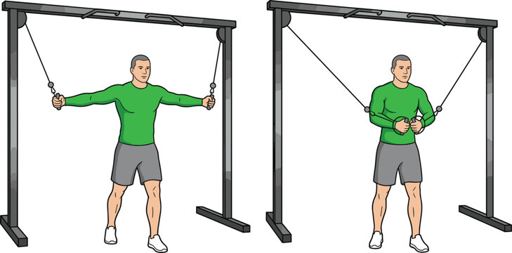 Man performing cable crossover chest fly exercise vector illustration showing correct workout start and finish positions set