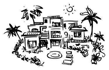 Obraz premium Tropical luxury villa resort with palm trees sketch vector, holiday vacation and exotic travel destination illustration