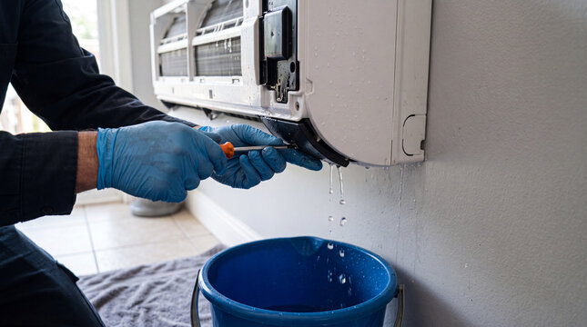 Detailed HVAC Repair Scene Showing Gloved Hands Using Screwdriver on Base of Leaking White AC Unit