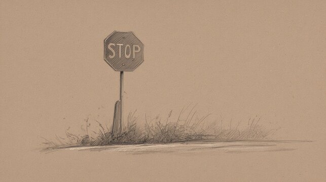 Octagonal stop sign on pole with grass and shadow in neutral tone
