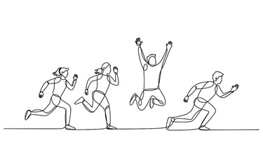 Group of happy people running and jumping in a continuous line art style drawing illustrating teamwork and success for active lifestyle concepts Vector, illustration