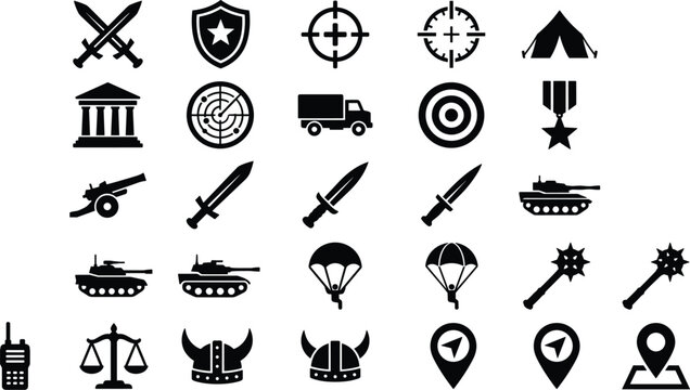 Military war and medieval battle icon set featuring weapons tank sword shield target radar medal helmet and tactical defense elements