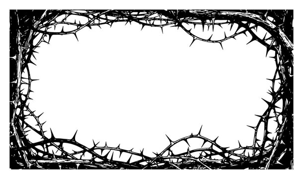Crown of thorns frame vector, thorny branch border illustration for religion or protection concept, black and white brambles background