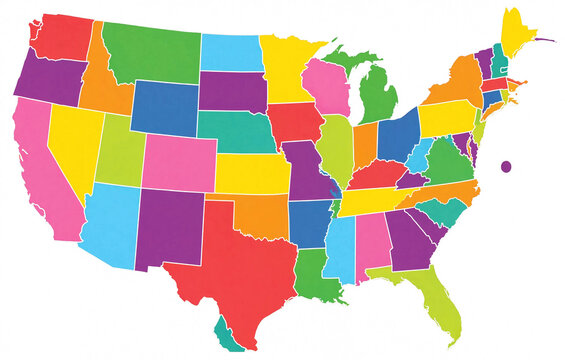 Colorful map of united states with separate states isolated on white background, geography