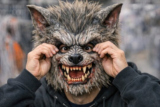 A person wearing a wolf mask that covers their eyes