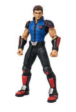 A standing action figure of a male superhero wearing blue jacket and tactical pants