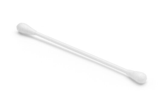 Single white cotton swab with a plastic stick isolated on a white background, q tip