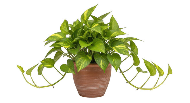Green pothos plant in a brown pot with trailing vines