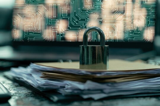 Metal padlock rests atop stacked papers