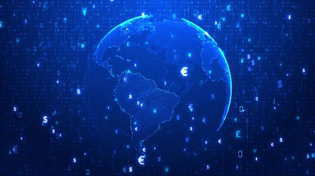 Global currency data network visual earth, floating money icons, binary code, digital market atmosphere. finance intros, bank presentations, trading dashboards, economic news, and worldwide business