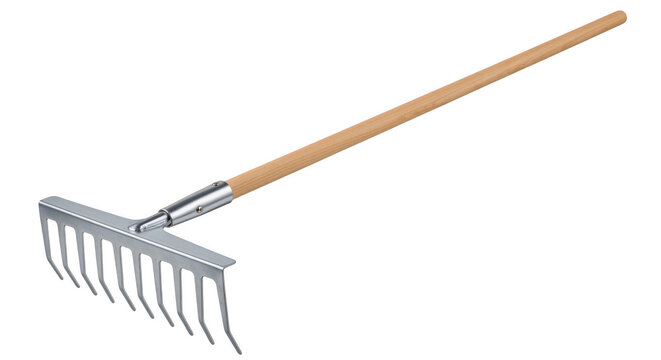 Wooden garden rake with metal tines ready for yard work