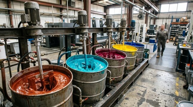 Worker walks past colorful paint drums in an industrial factory
