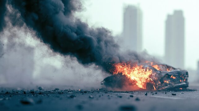 A car engulfed in flames and thick smoke on a street, urban backdrop