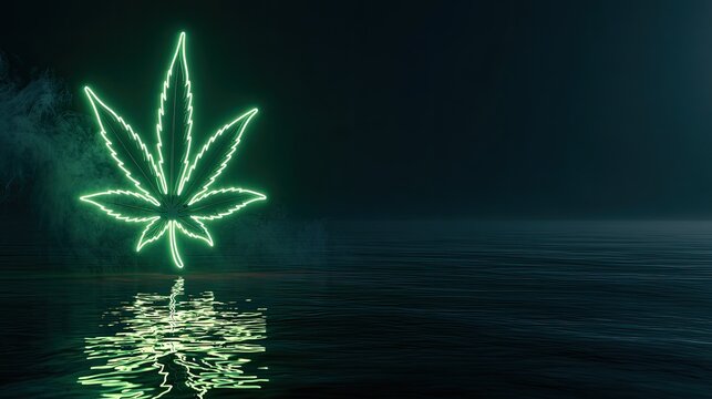 Glowing green leaf outline on dark water with mist