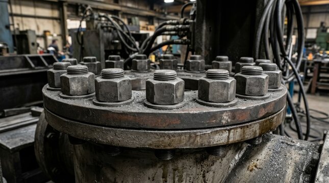This close up shows large bolts around a circular flange on heavy equipment.
