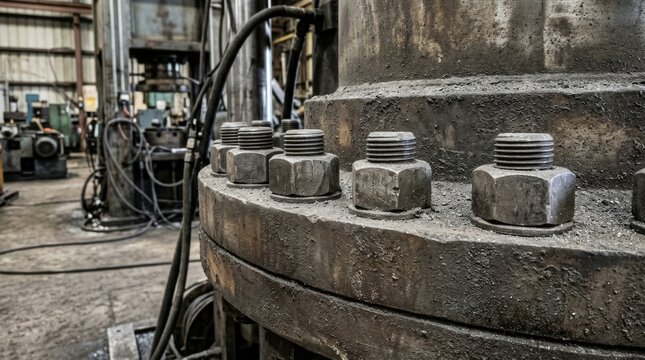 Bolts line a large circular metal hub in an industrial workshop.