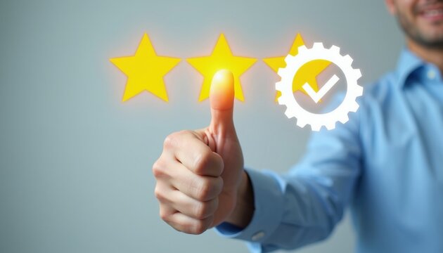 Man gives thumbs up with three gold stars and checkmark icon overlay. Positive user feedback, satisfaction, and quality approval represented. Excellent work, good rating.
