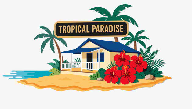 Very beautiful realistic vector illustration of a TROPICAL BEACH BUNGALOW featuring a bold d&eacute;cor label reading "TROPICAL PARADISE", elegant beachfront bungalow surrounded by hibiscus flowers, lush tro