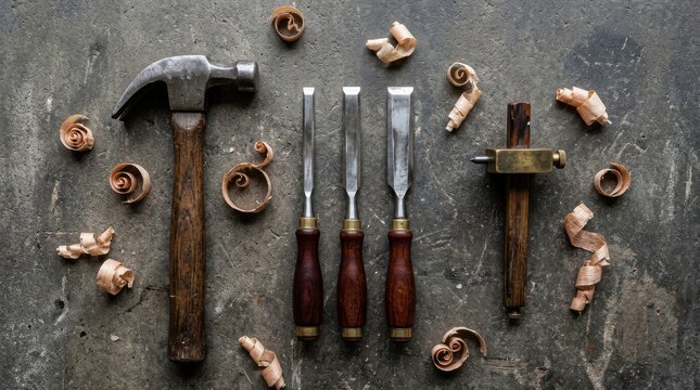 Woodworking tools including hammer and chisels laid out on a workshop surface