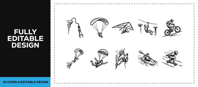 Black ink scribble hand drawn extreme adventure and skydiving icon set bundle featuring doodle sketch vector illustrations for mountain sports and travel guide branding design art.