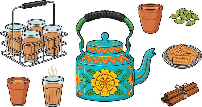 Traditional Indian Tea Collection with Decorative Teapot, Clay Cups, Masala Chai Spices, Biscuits, and Beverage Elements for Kitchen Vector Designs