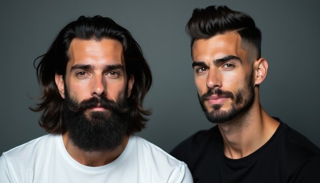 Two men, one with long dark hair and full beard, other with short styled hair and goatee. Both have serious confident facial expressions. They wear simple t-shirts.