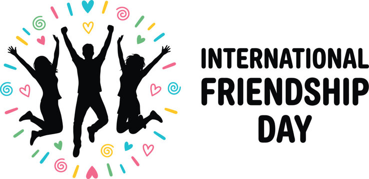 Happy group of young friends jumping in a colorful vector illustration celebrating international friendship day with festive heart shapes design