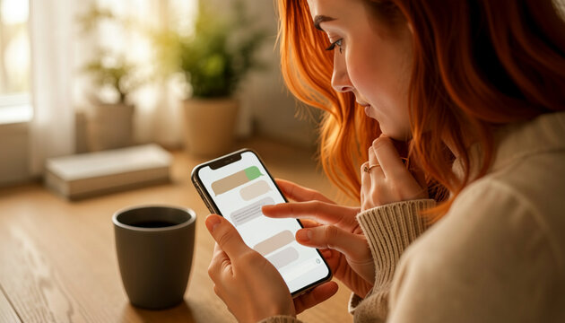 Mulher utilizando smartphone em ambiente interno aconchegante.