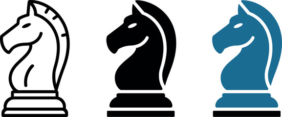 Three different styles of chess knight icons representing strategy and board games © md manik hossain