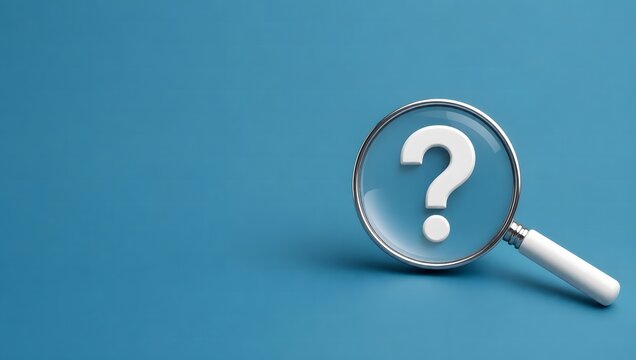 Magnifying glass examining white question mark symbol on blue background.