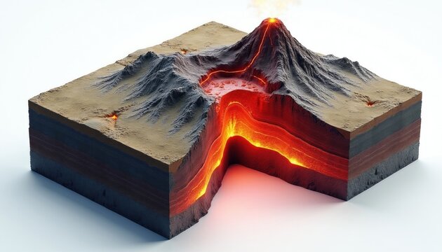 Cross section diagram of active volcano showing magma layers, tectonic plate movement beneath earth crust. 3d geological model demonstrates subduction process with molten lava flow inside volcanic