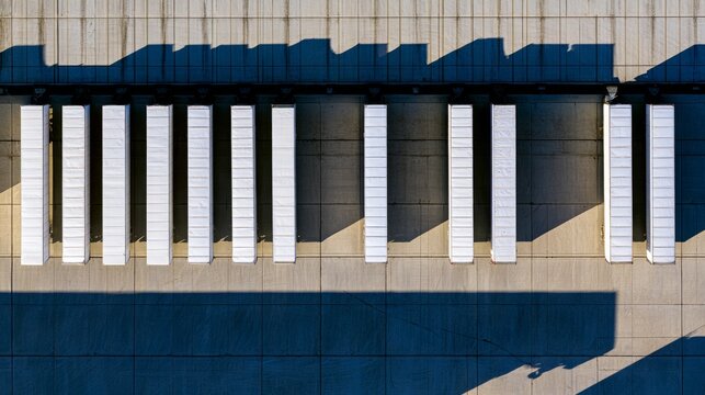 Trucks parked in a row at a large distribution center in a sunny afternoon