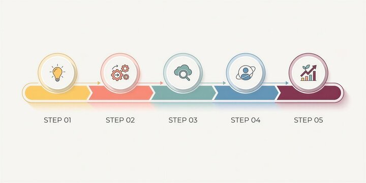 Modern 5 step business process timeline infographic template with colorful workflow stages, project management roadmap, strategy planning and presentation layout, copy space