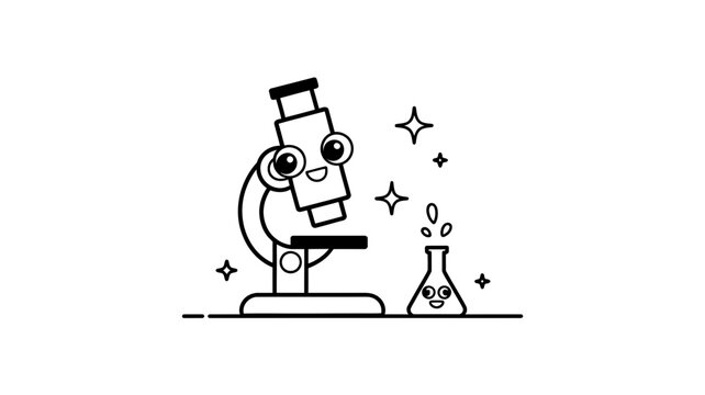 Scientific microscope and laboratory beaker characters with happy faces for a science education coloring page, chemistry