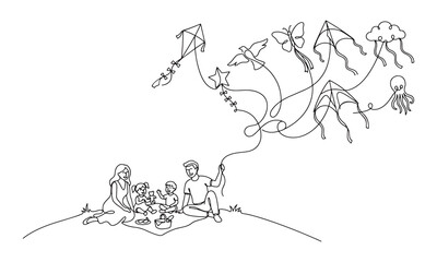 Obraz premium Continuous single line of a family having a picnic on a grassy hill with many kites flying in the sky, including a bird, butterfly, cloud, and octopus shape, white background